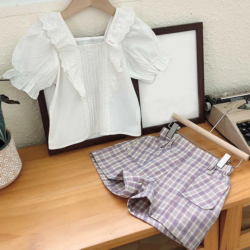 Camicia bianca estiva + pantaloncini scozzesi 2 pezzi Set di abbigliamento Set ragazza Abbigliamento bambini ragazze 210528
