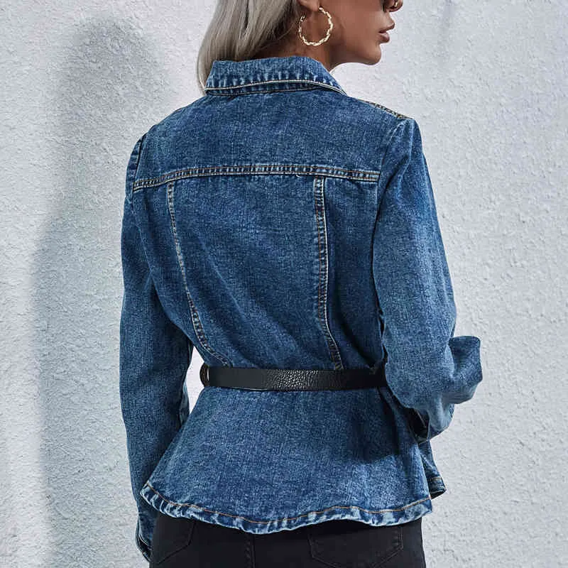 Streetwear Moda donna Vita risvolto giacca di jeans blu corda denim Feamle autunno inverno vintage Giacche di jeans Cappotti donna 210508