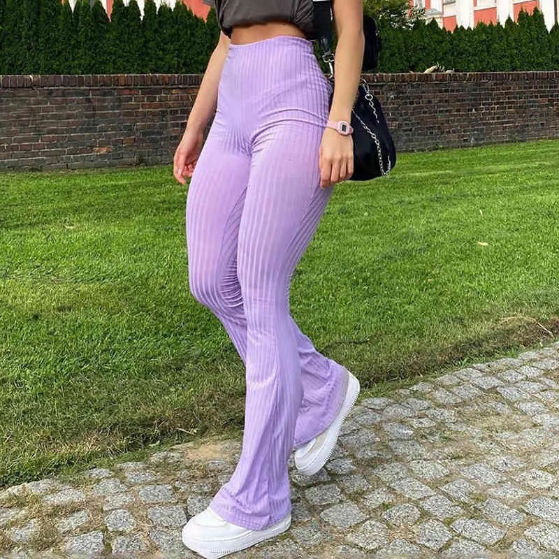 OMSJ вязаная ребристая полоса женские высокие талии блики брюки фиолетовые сексуальные тонкие длинные брюки базовые твердые повседневные спортивные штаны женские 210517