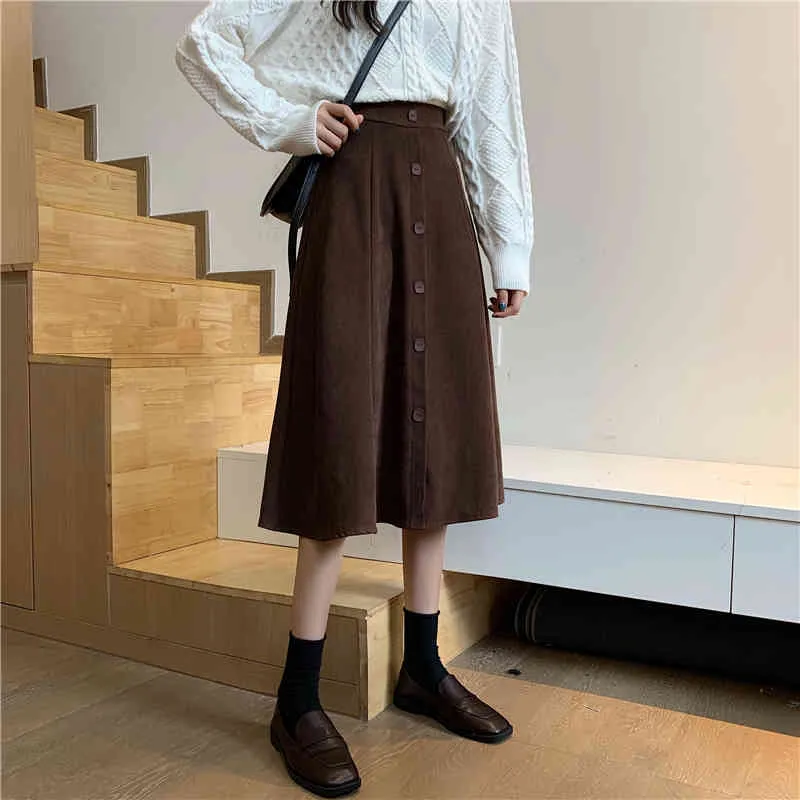 コロバフ新しい秋のシックな女性のスカートプレッピースタイルAラインハイウエストボタンFaldas Mujer韓国のソリッドOLビンテージスカート210430