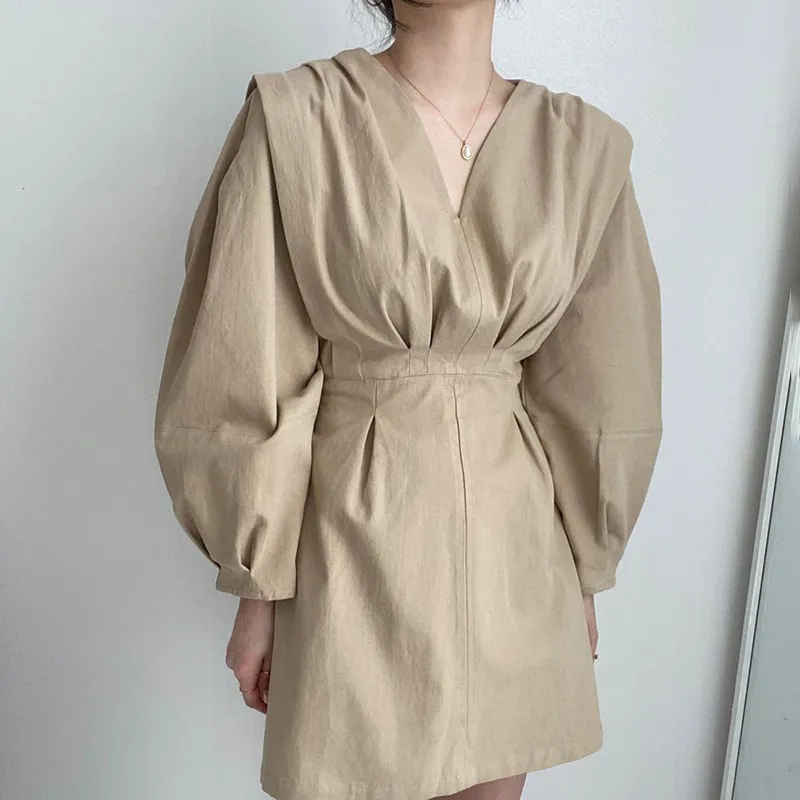 Ezgaga coréen Chic Vintage robe de soirée femmes col en V froncé taille mince longue lanterne manches solide robe élégante robes Feminino 210430