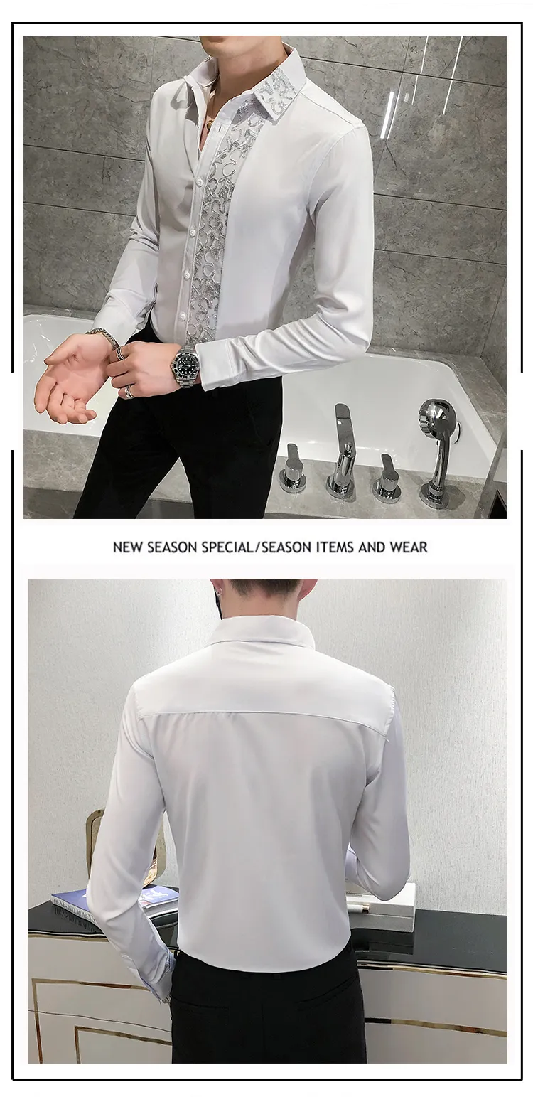 Lace Cut Out Splicing Shirts Mens Long Sleeve Slim Fit Fashion ...
