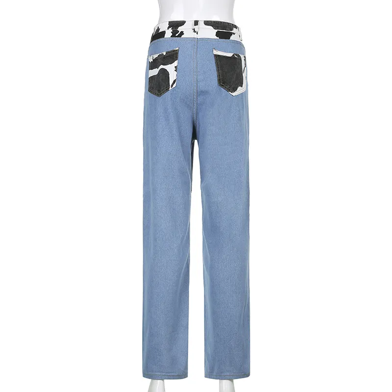 Druk Krowa Mleko Proste Y2K Dżinsy Dla Dziewczyn Kobiet Łatlone Kobiety Vintage Dżinsowe Spodnie High Paisted Spodnie Capris Streetwear 210510