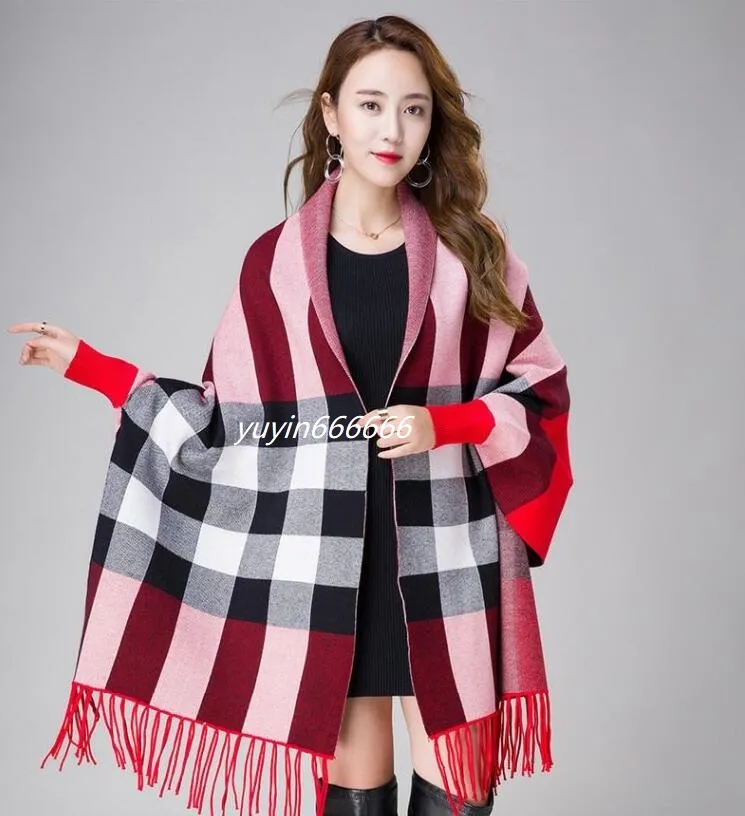 Herfst winter warme kasjmier sjaal vrouwen met mouwen dual cape capa Pashmina kwastje zware jas kaki plaid237S