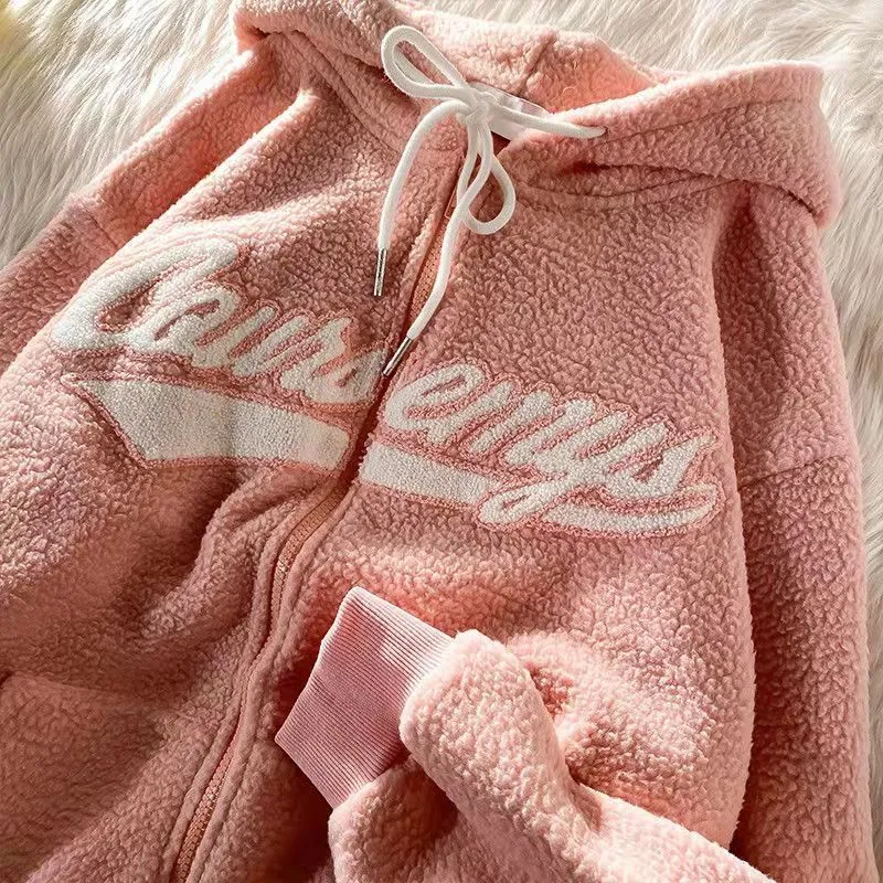 Polar Fleece Hoodie Casual Embroidery Clothes for Teens Sweatshirts Vintage Pink Tops Retro Winter Women Hoodie 220311