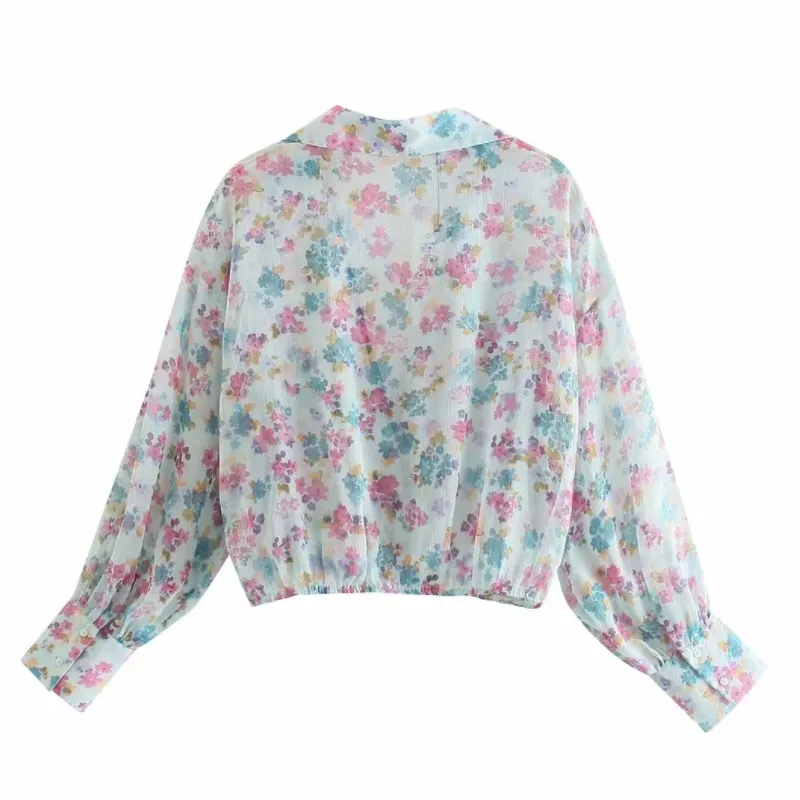 Summer Women Floral Print Cross V Neck Chiffon Short Blouse Female Long Sleeve Shirt Casual Lady Loose Crop Tops Blusas S8956 210430