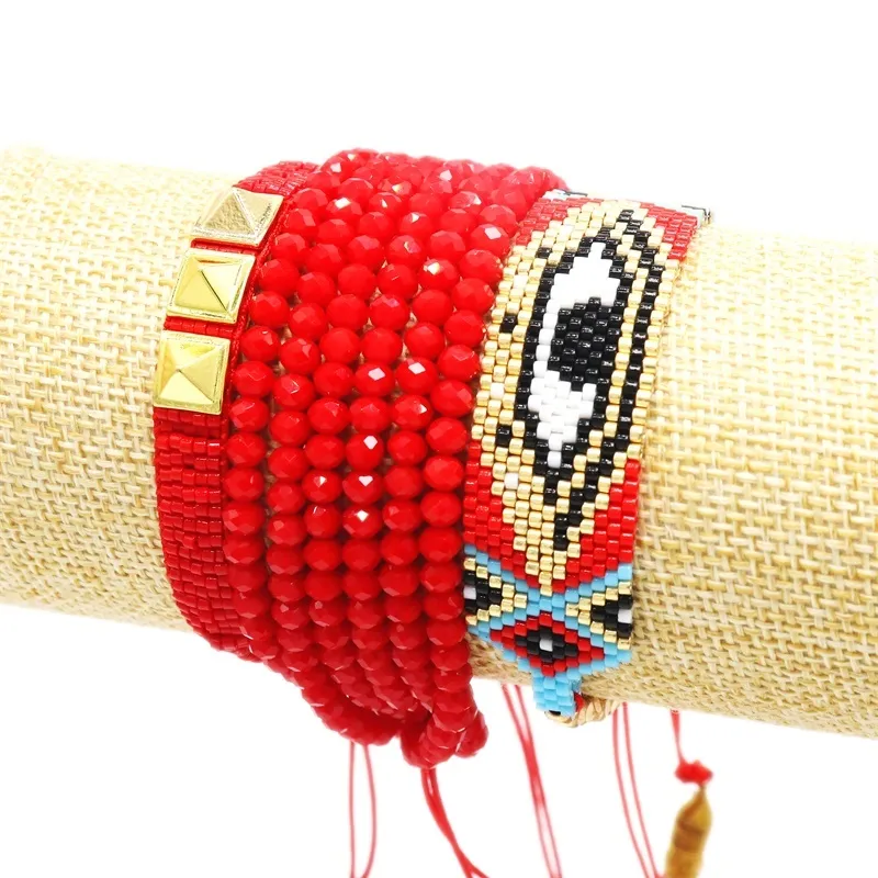 ZHONGVI Turco Malocchio Braccialetto Le Donne Gioielli MIYUKI Rosso In Rilievo Loom Bracciali Rivetto Pulsera Mujer Nappa Fatti A Mano Regali