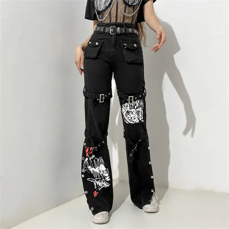 Gothic emo alt cargo techwear hippie baggy jeans mamma goth punk svart denim byxor cyber y2k byxor akademiska mörka kläder 220727