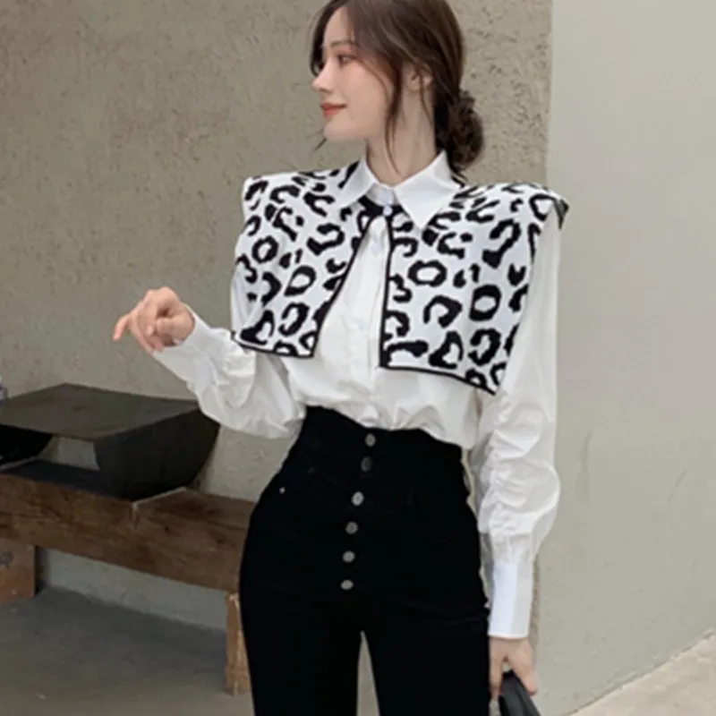 Lucyever Leopard Shawl Moda Blusas de mujer Otoño Puff Manga Camisas para mujer Estilo coreano Blanco All-Match Tops Femme 210521