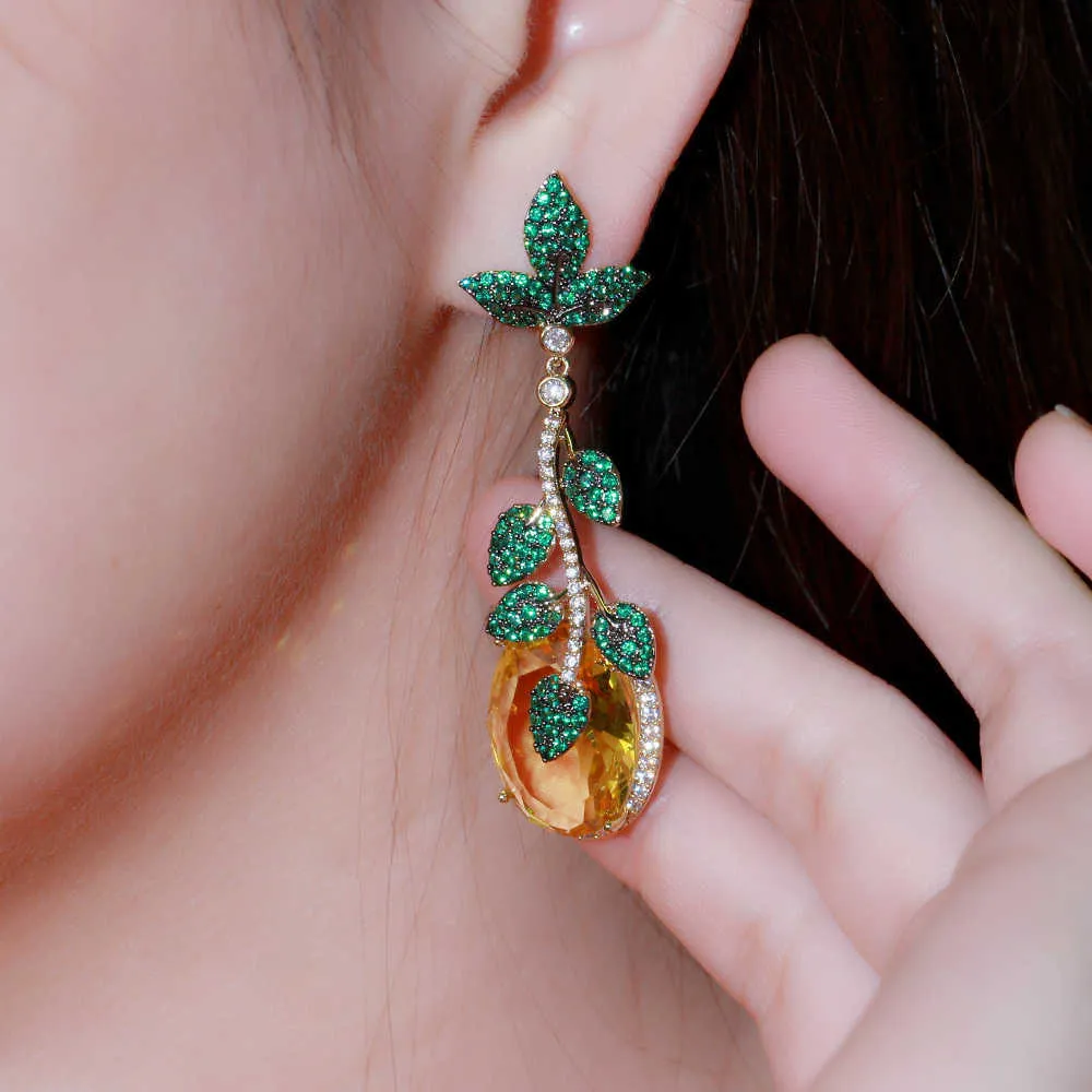 CWWZircons Super Luxury Green Cubic Zirconia Leaf Drop Big Yellow CZ Crystal Earrings for Women Unique Geometric Jewelry CZ811 2101428101