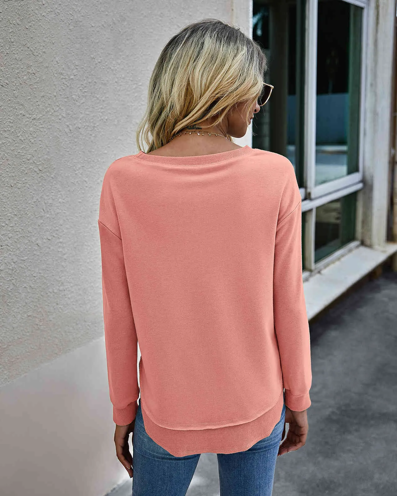 Moda de otoño, sudaderas con capucha sólidas para mujer, sudaderas holgadas irregulares de manga larga con cuello redondo informales para mujer, suéter rosa, Tops 210507