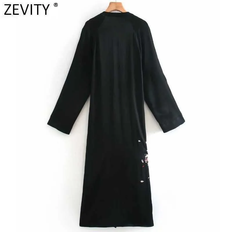 Zeefity Dames Vintage Cross V-hals Phoenix Borduurwerk Casual Kimono Midi Jurk Dames Chic Lace Up Black Vestido DS4947 210603