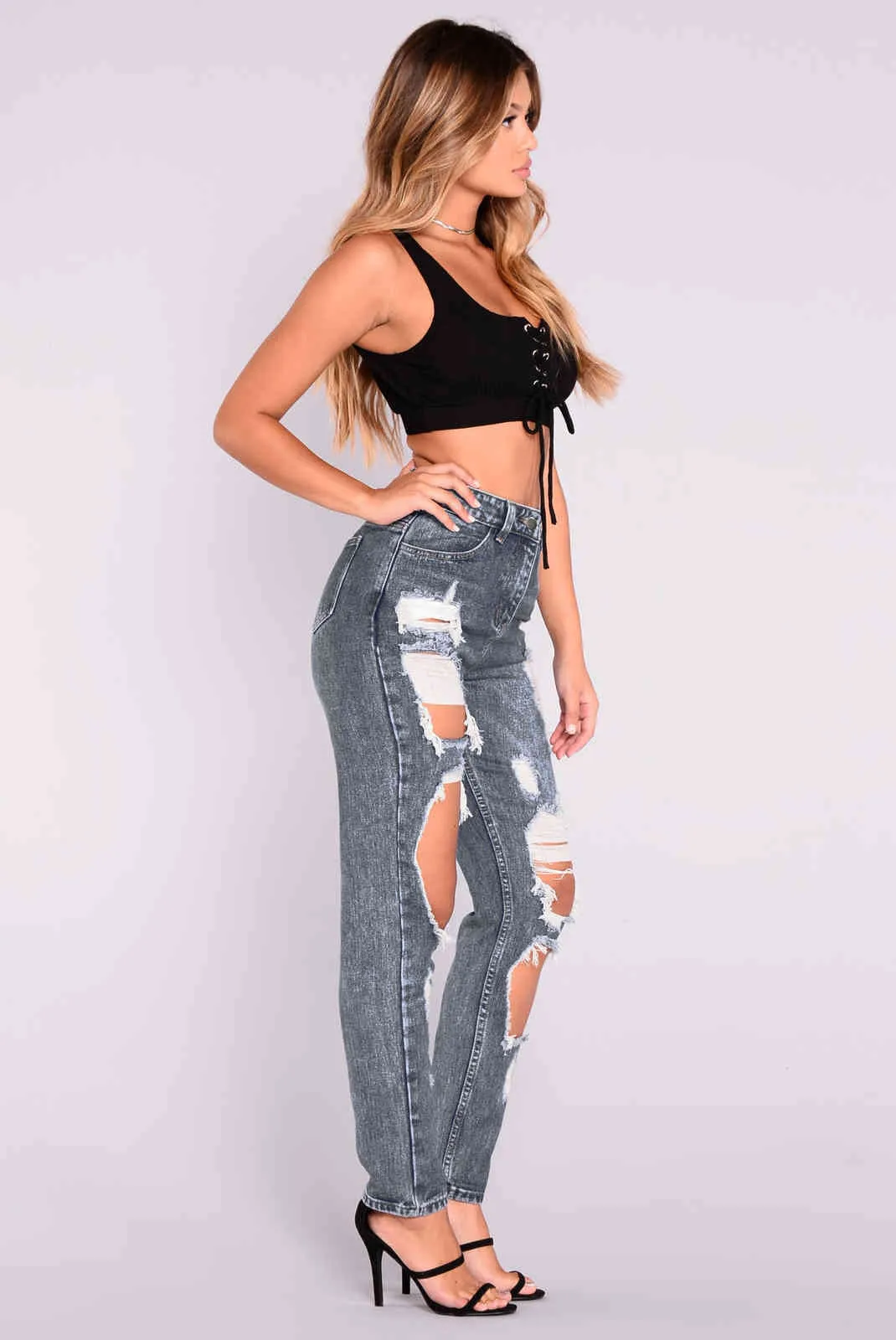 Pantaloni in denim effetto consumato con buco sexy Pantaloni slim a vita alta Matita strappata Jeans strappati da donna Punk stile anni '90 Estate 210517