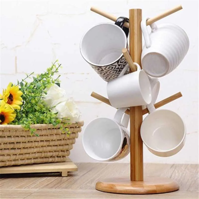 Tree Shape Wood Coffee Tea Cup Storage Holder Stand Home Kitchen Mug Hanging Display Rack Drinkware Shelf With 6 Hooks 210705