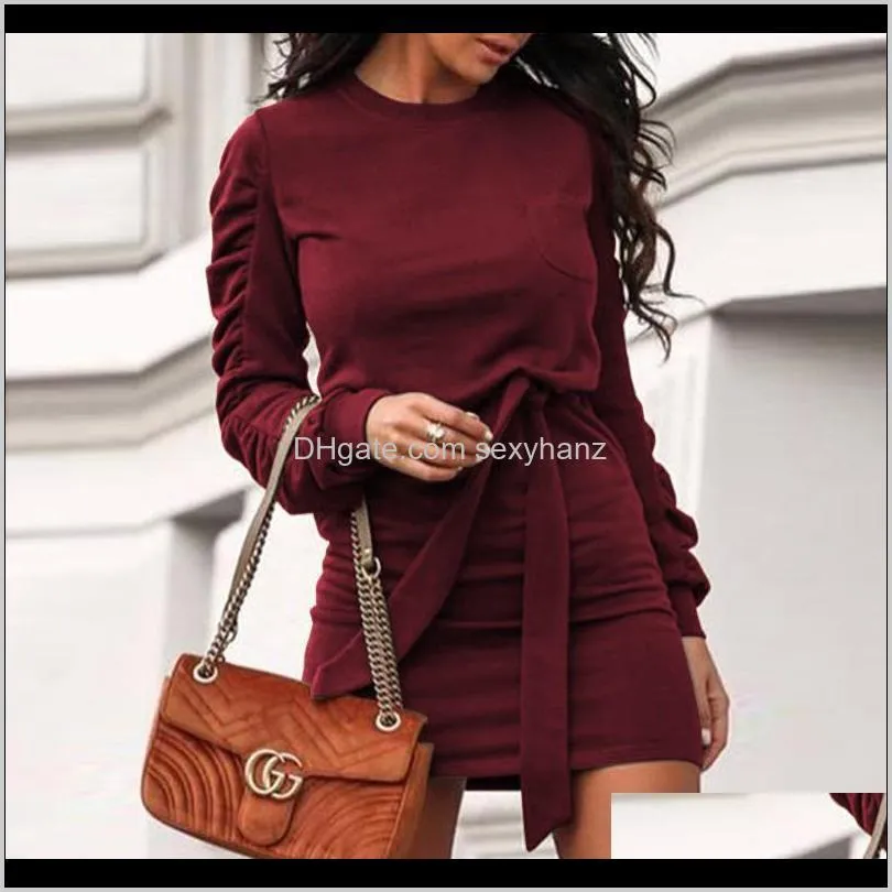 fnoce 2021 autumn women`s dresses streetwear fashion casual solid long sleeve o-neck slim elegant mini dress (includes belt)