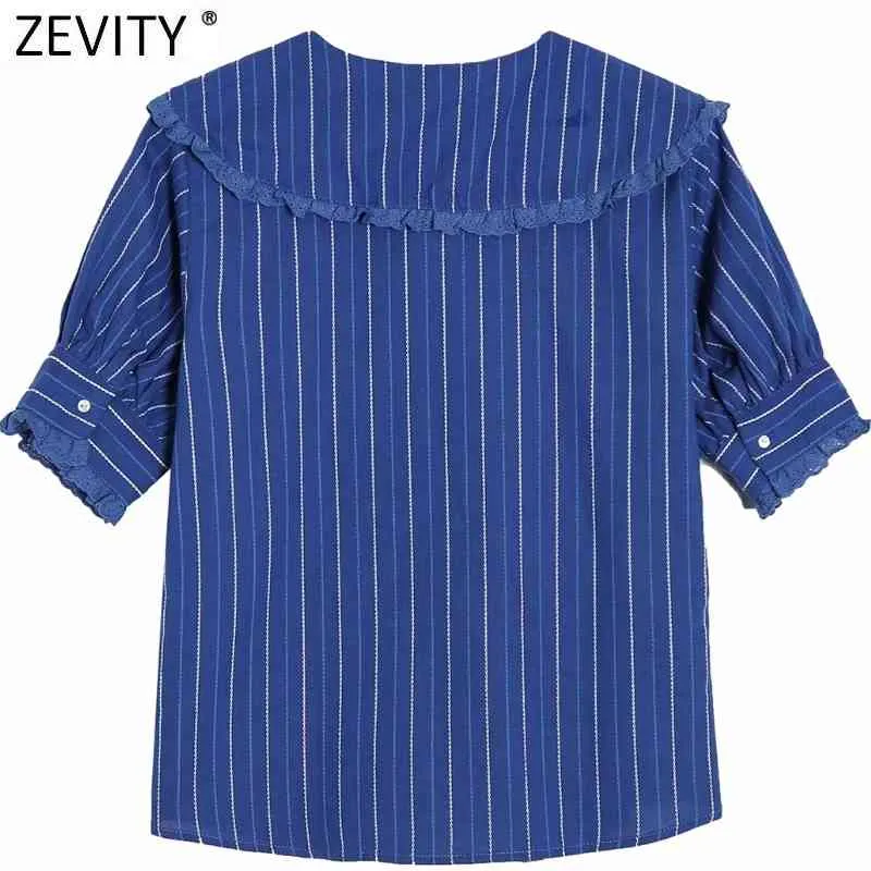 Kvinnor Vintage Striped Print Bluse Shirts Peter Pan Collar Lace Decoration Chic Office Femininas Blusas Tops LS9302 210420