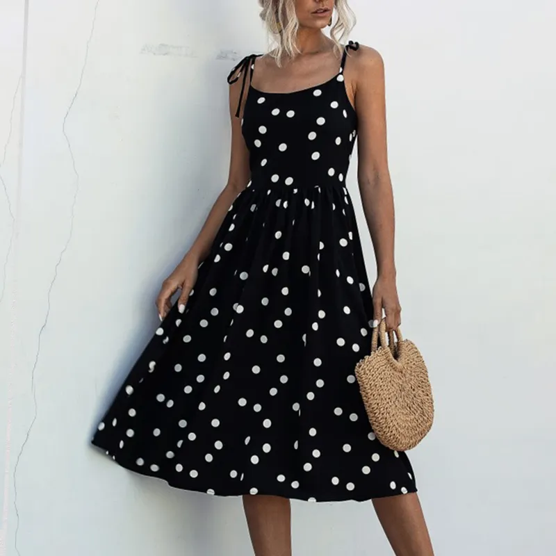 Casual Polka Dot Women Summer Loose White Black Beach Vintage Button Midi Boho Dress Vestidos 210415