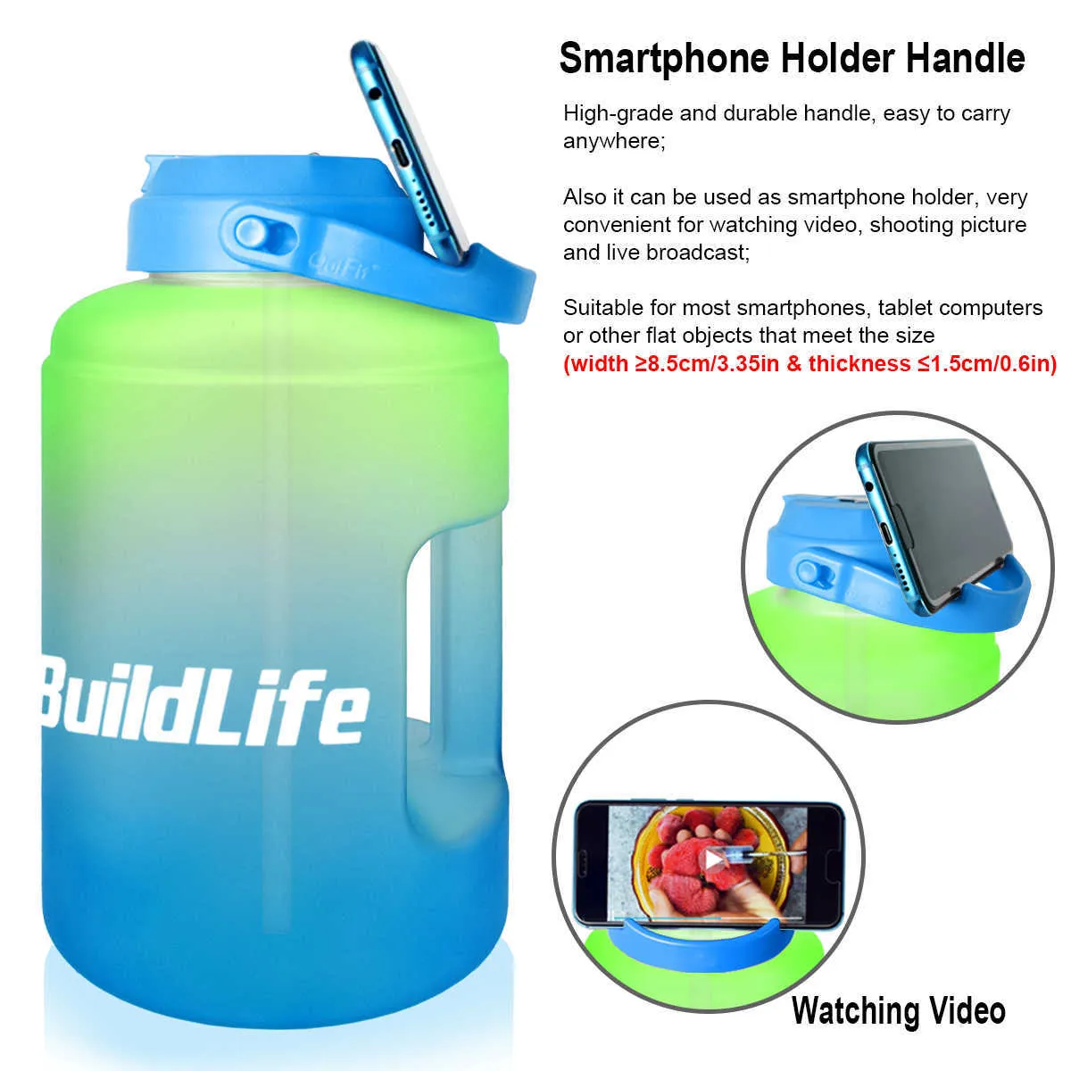 BuildLife Gallon vattenflaska med halmmotiverande tidsmarkör BPA Wide Mouth Leakproof Mobile Holder Handle Travel Jug 21257N