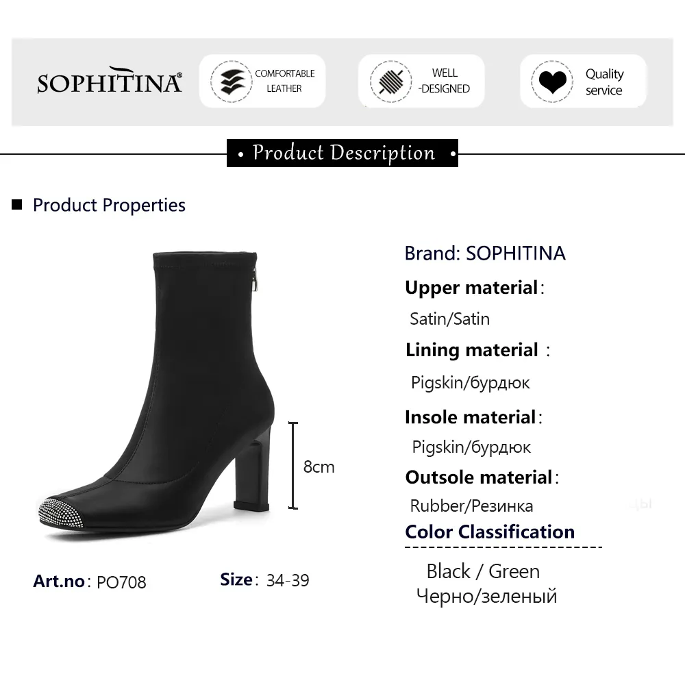 SOPHITINA Femmes Bottes Sexy Diamant Toe Confort Doux Strech Satin Bottines Chunky Talons Hauts Dames Chaussures D'hiver PO708 210513