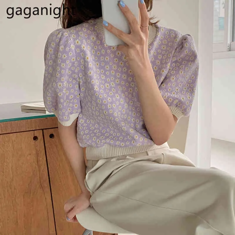 Gaganight Sweet Femmes Tricoté Fleur Tshirt Petite Marguerite Summer Fashion Lady Tee Shirts Chic Coréen All Match Drop 210519