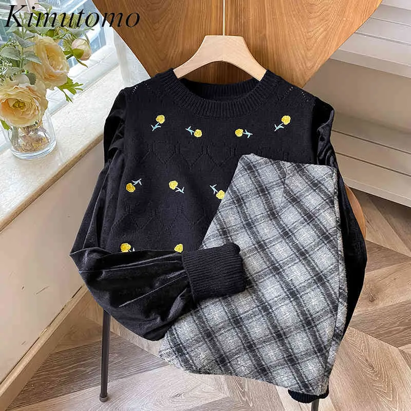 Kimutomo kvinnor vintage tröja vår höst chic koreanska damer o-neck blommig broderi puff ärm pullovers outwear 210521