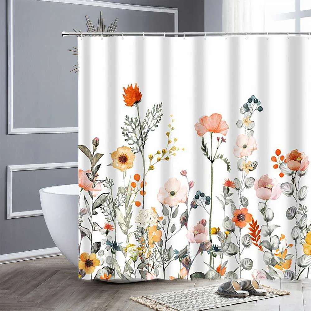Rideaux de douche imperméables fleurs colorées papillon printemps paysage naturel salle de bain décor maison crochets en tissu ensembles de rideaux de bain 210915