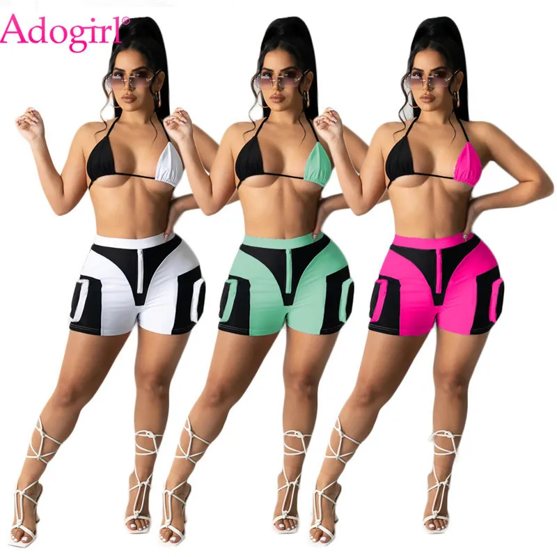 Adogirl Kleur Patchwork Dames Sexy Tweedelige Set Lace Up Halter Backless Bra Top Front Rits Shorts met Pockets Beach Suit X0428