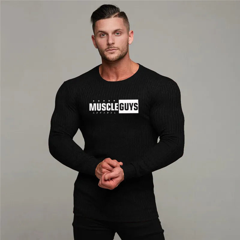 MuscleGuys Brand Autumn Sweater Mens Fashion Casual Male Sweater O-Neck Slim Fit Stickning Men Tröjor Pullovers 210421