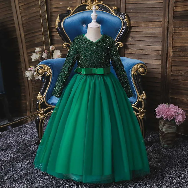 Frühling Teenager Mädchen Kleid Lange Ärmel mit Schleife Schärpen Prinzessin Klavier Performance Kinder Kleidung E318 210610