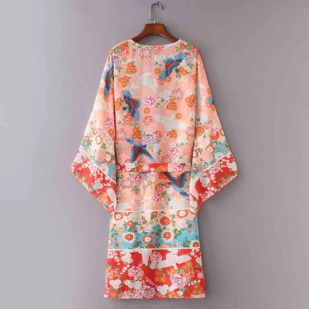 Pink Boho Print Robes Bathing Suit Cover-ups Plus Size Beach Wear Kimono Dress Tunic Women Summer Swimsuit Cover Up A837 210420