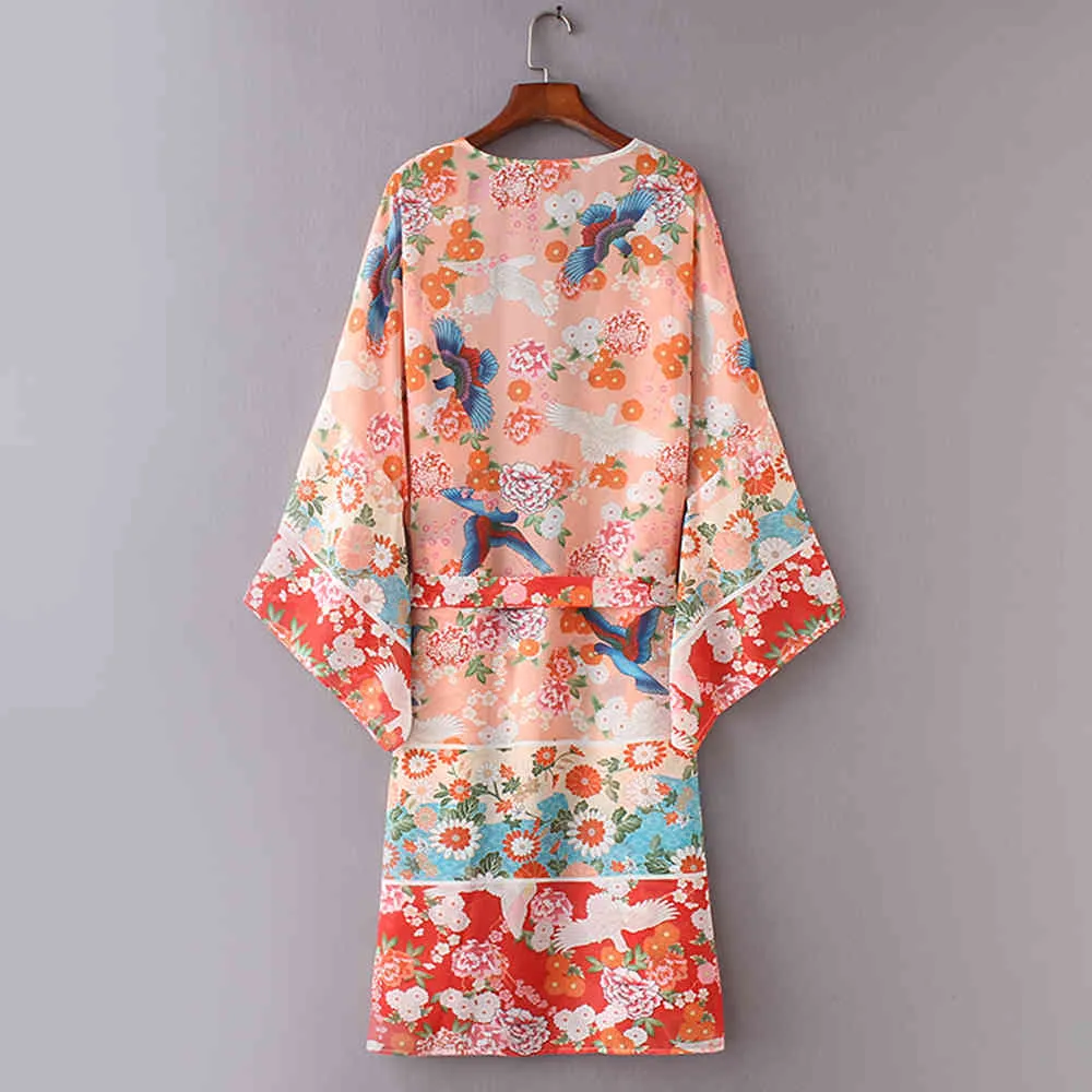 Rosa Boho Print Robes Badkläder Kimono Ups Plus Size Beach Wear Kimono Klänning Tunika Kvinnor Sommar Baddräkt täcker upp A837 210420