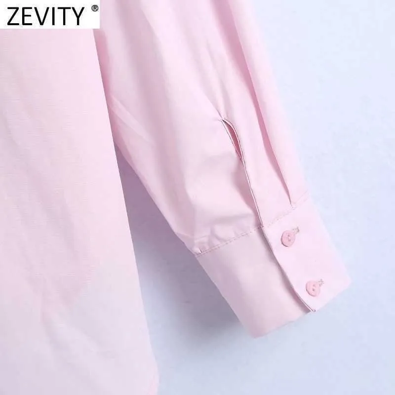 Zevity Женщины просто стильный воротник дизайн розовый поплин блуза офисные дамы с длинным рукавом свободные рубашки шикарные Chemise Tops LS9379 210603
