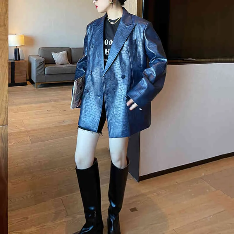 [EAM] Giacca da donna in pelle PU modello blu con risvolto manica lunga vestibilità ampia moda primavera autunno 1DD6434 210512
