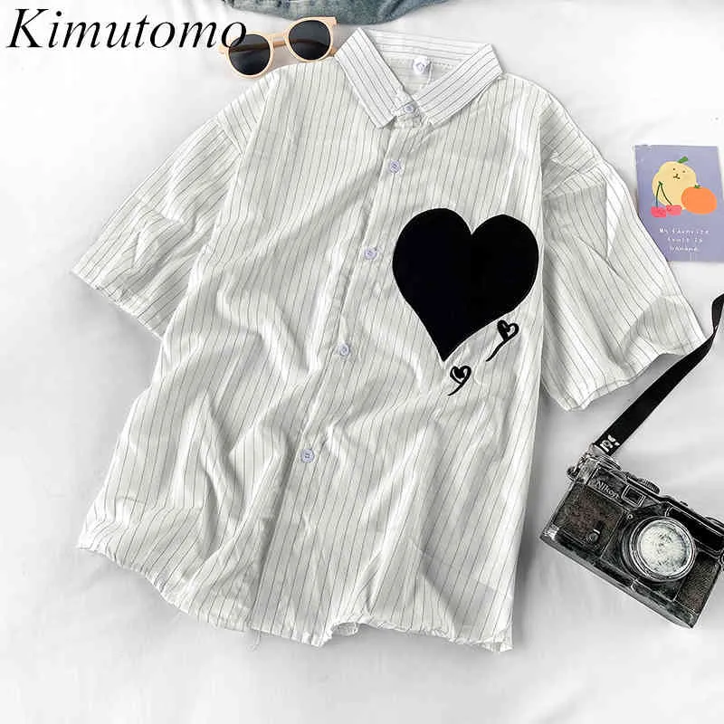 KIMUTOMO Vintage Hong Kong Stijl Blouse Dames Gestreepte Hart Print Turn Down Collar Korte Mouw Breasted Shirt Zomer Casual 210521