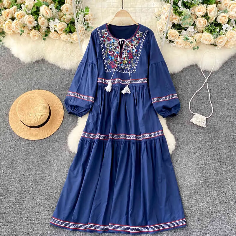 SINGREINY mujeres Vintage corte viento vestido Puff manga cuello redondo Casual suelta A-line vestidos otoño bohemio bordado Midi vestido 210419