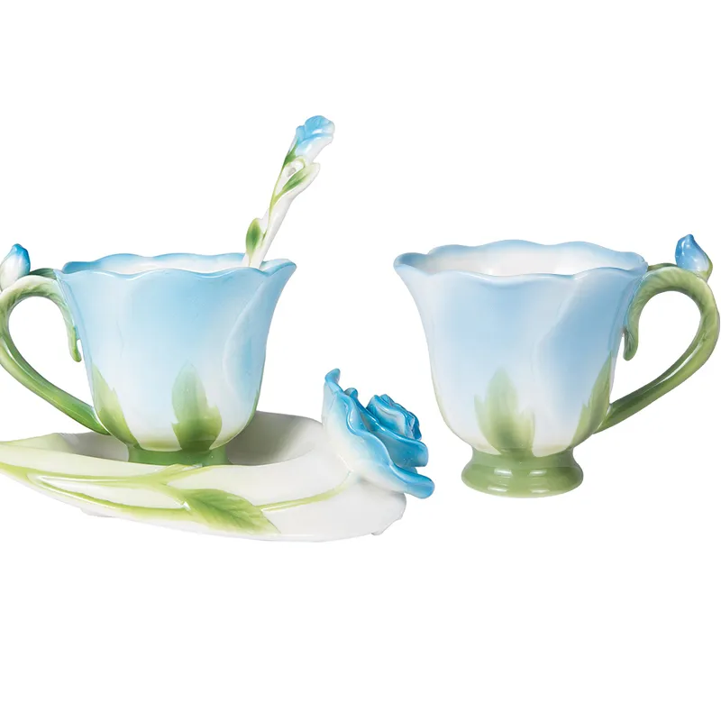 3D الوردة شكل زهرة مينا شاي القهوة القهوة وملعقة الصحن ملعقة عالية الجودة كأس البورسلين الإبداعية تصميم هدية عيد الحب 207P