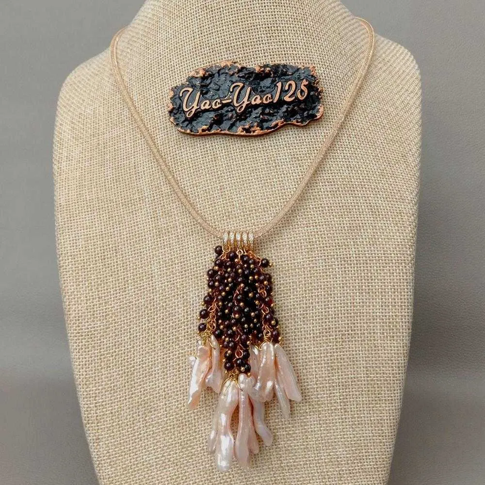 45,7 cm vergoldete Halskette mit Netzkragen, rosa Biwa-Süßwasserperle, Granat-Anhänger, Halskette, Party-Luxus-Stil für Damen