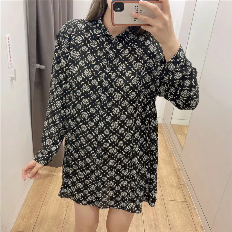 Vintage Printed Black Shirt Dress Women Collared Long Sleeve Mini Woman Fall Button Up Loose Casual es 210519