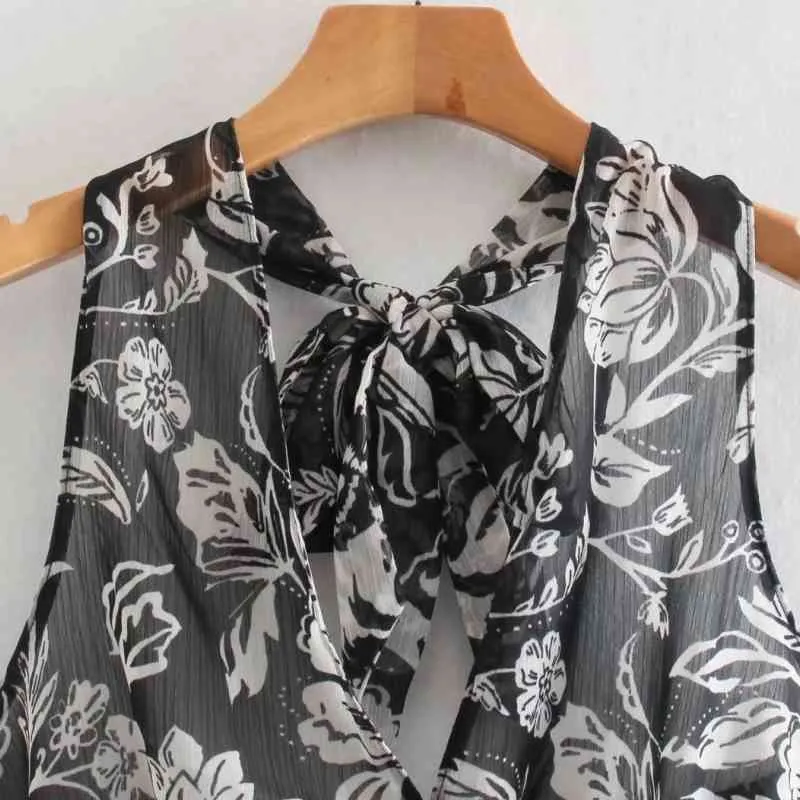 Summer Women Floral Print Chiffon Short Vest Backless Shirt Female Transparent Blouse Casual Lady Loose Tops Blusas S8931 210430