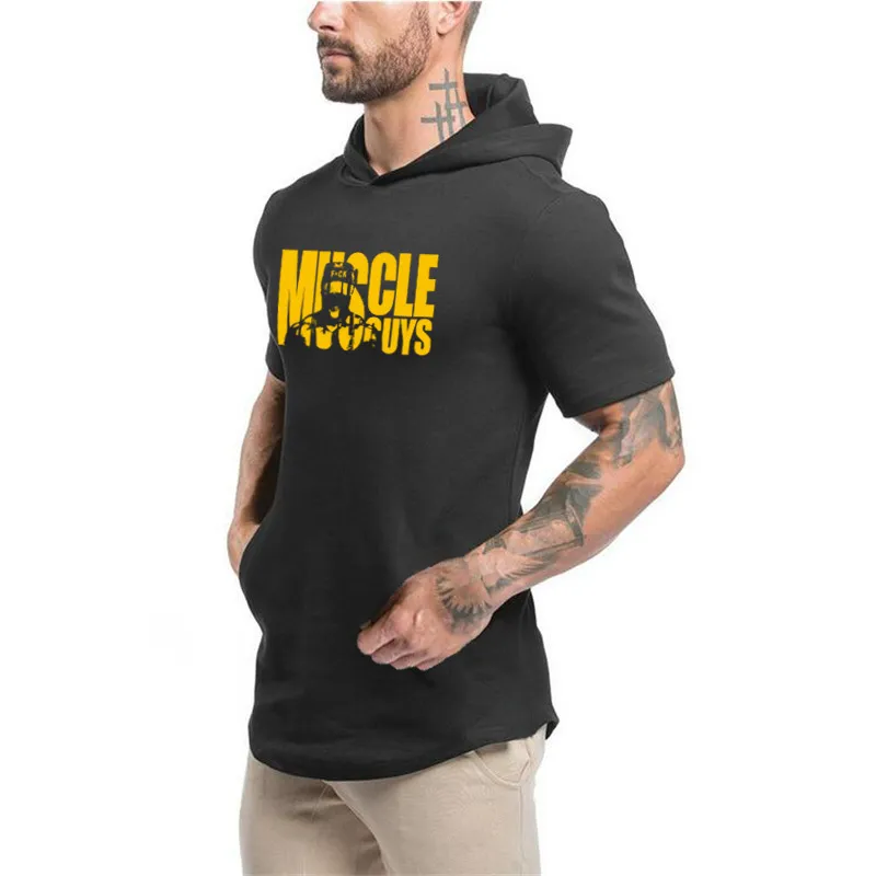 Bodybuilding Kleding Mannen T-shirt Hooded Gyms Sweatshirt Korte Mouw Tops Katoen Sportwear Fitness Pullover Muscle Tee Shirt 210421