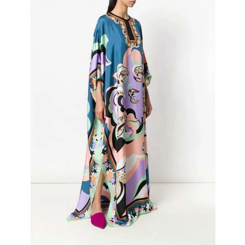 VKBN s Mode Femmes Robe Longue Trois Quarts Col En V Motif Géométrique Impression Maxi Robes pour Femmes 210507