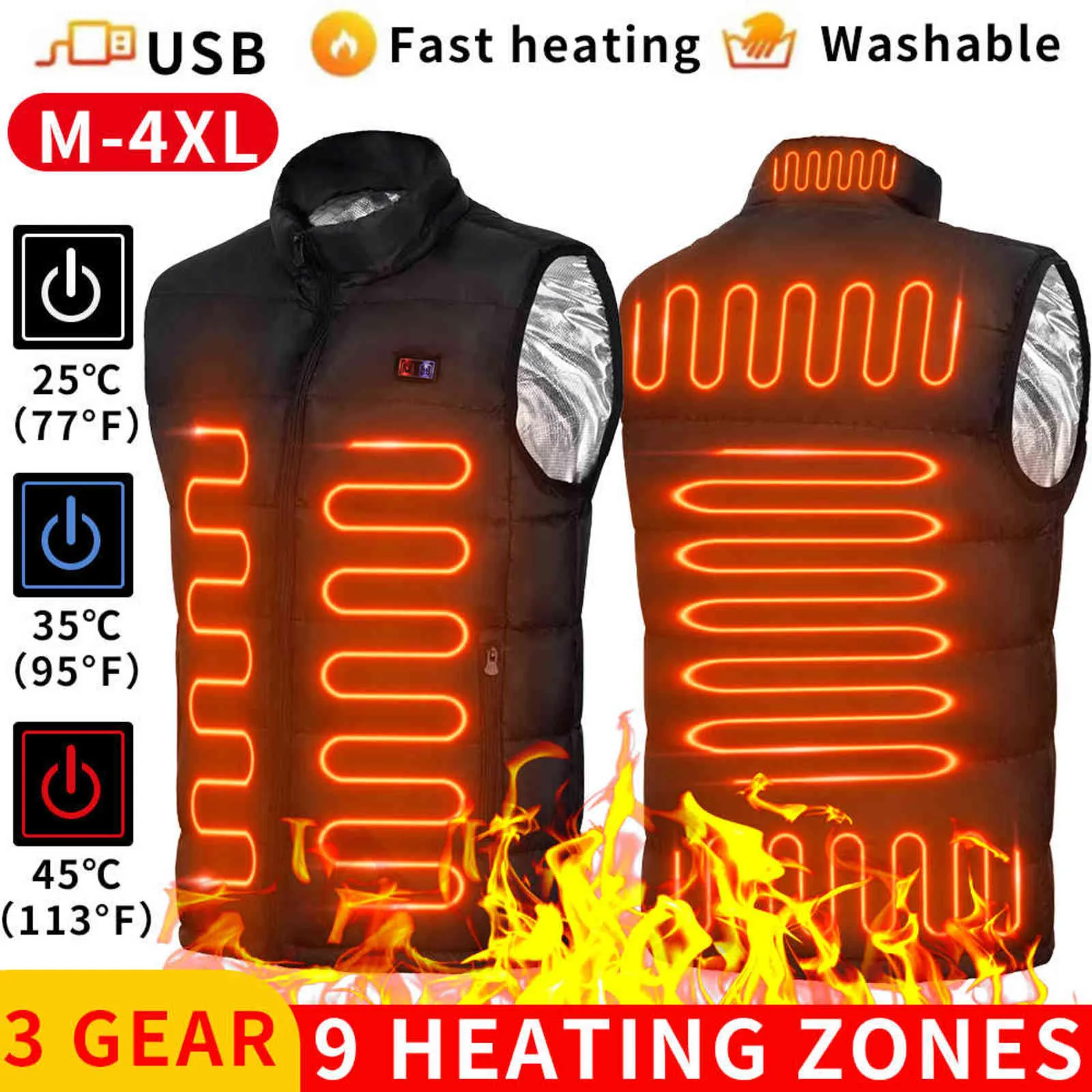 Dubbel Switch 9 Platser uppvärmda väst män USB uppvärmd jacka uppvärmning Vest termisk klädjakt Vest Winter Fashion Heat Jacket 211120