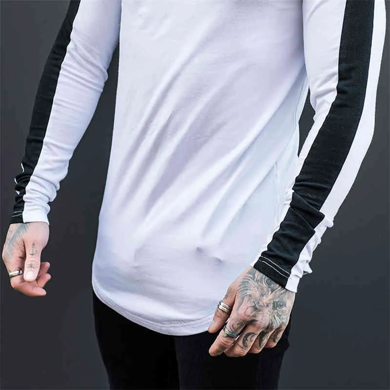Brand New Autunno Cuciture T-shirt a maniche lunghe da uomo in cotone O Collo T-shirt fitness Solid Hip Hop Streetwear Uomo Slim Fit Tshirt 210421