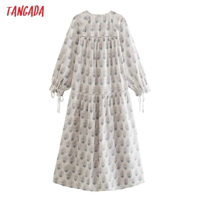 Tangada mode femmes arc fleurs imprimer longue robe bouffée à manches longues dames Maxi robe 5Z238 210609