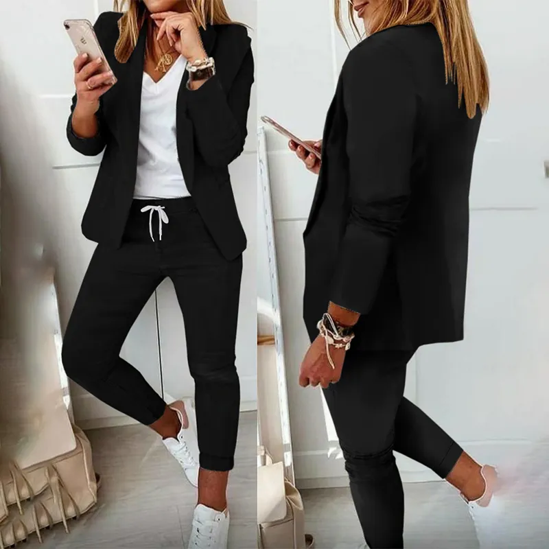 Autumn Women Casual Two Piece Work Wear Fashion Suit Sets Long Sleeve Plaid Print Blazer Coat & Drawstring Pants Set 220315