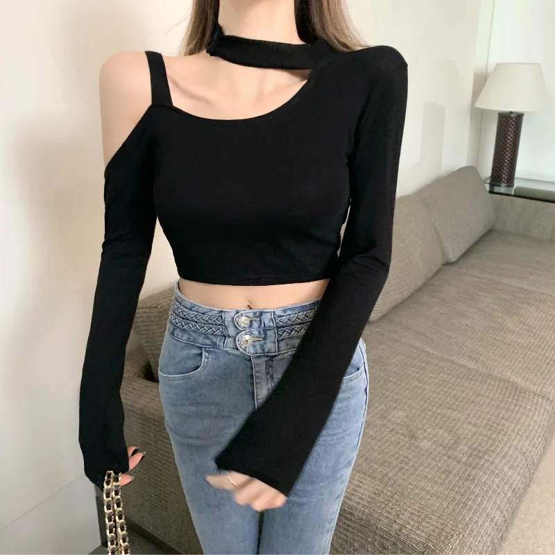 Sexy Crop Tops Ribber Top Top Femmes Hollow Out Casual Manches T-shirt T-shirt Skinny Automne Hiver Slim Tee Lady Vêtements 210507