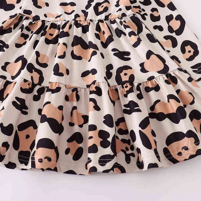 Girlymax Baby Girls Chlidren Kids Clothing Milk Silk Leopard Ruffles Twirl Dress Knee Length Long Sleeve 211231