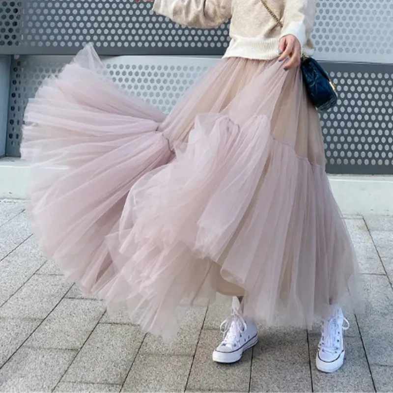 Vintage rose plissé longue Tulle Jupe Tutu Femme taille haute piste doux maille jupes femmes coréennes printemps Jupe harajuku 210421