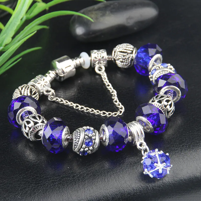 Mode Frauen Lila Kristall Armbänder Charms Perlen Anhänger Pandora Original Armband Armreif Schmuck Für Party Geschenke Diy