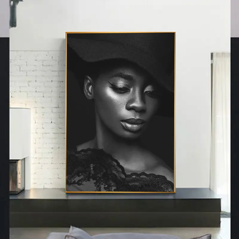 Portrait Canvas Painting Black White Prints Glamour Woman With Hat Wall Art Pictures For Living Room Gallery Home Decor No Frame